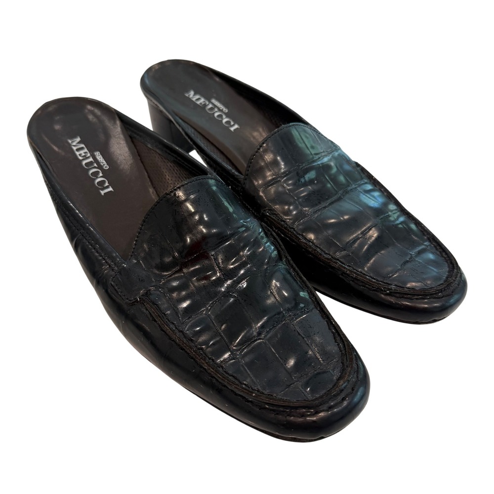 Sesto Meucci Croc Embossed Leather Mules Women 8.5 Black Quiet Luxury Minimalist